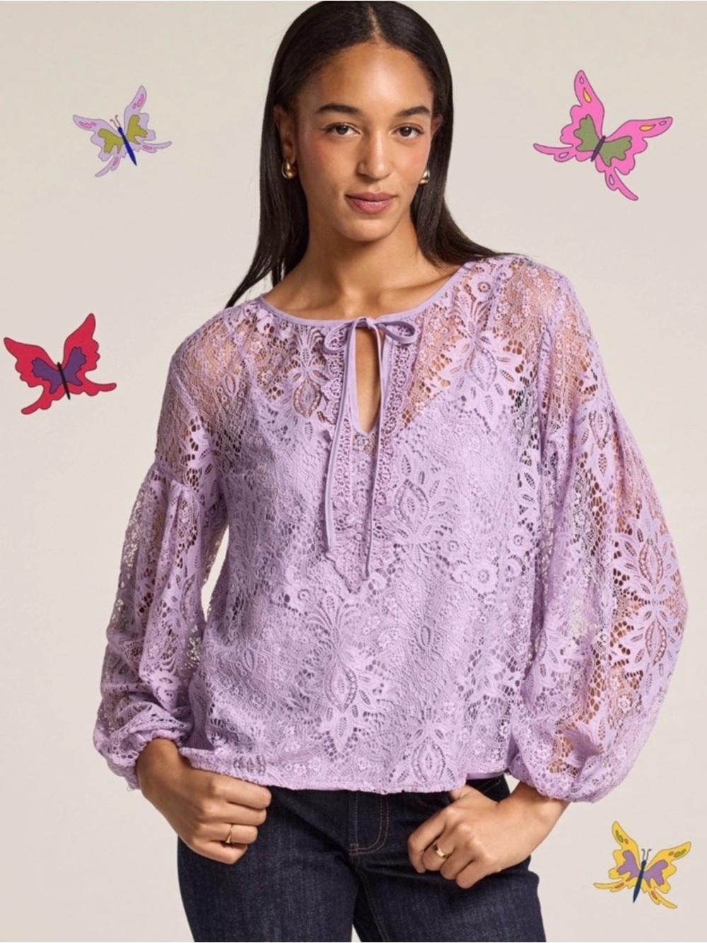 Anna Sui X Old Navy Lavender Floral Lace Tie-Front Peasant Purple Top